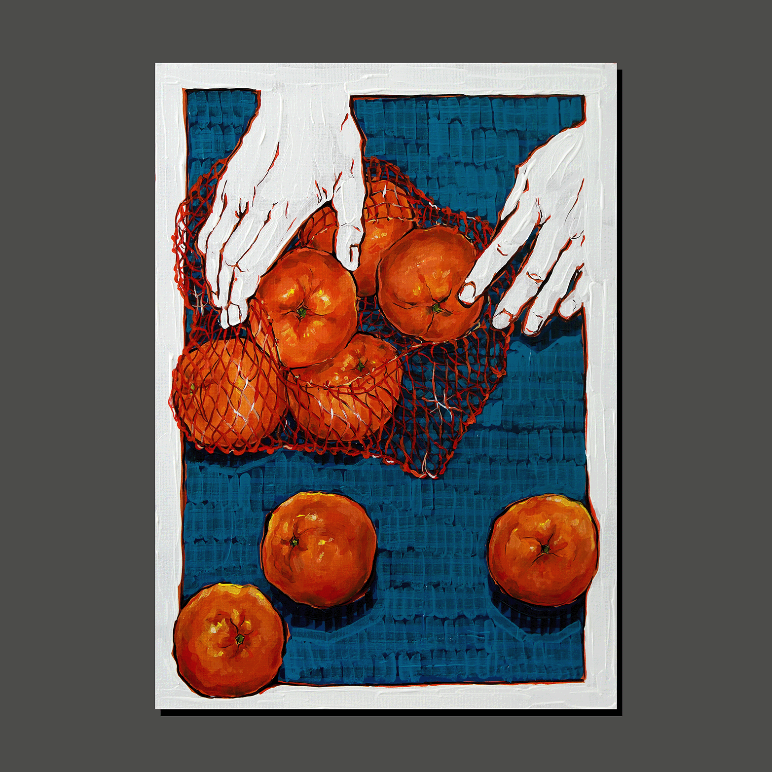 Tangerines in red net (art print)